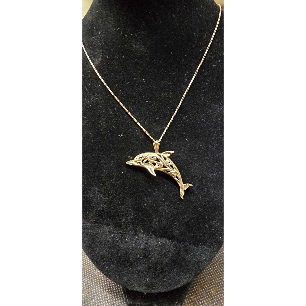 925 Sterling Silver Dolphin Charm Pendant Box Chain Necklace Spring Ring Signed